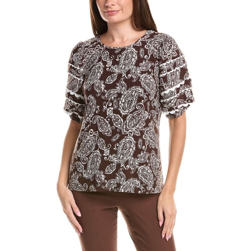 Jones New York Womens  Elbow Rick Rack Sleeve Top, White